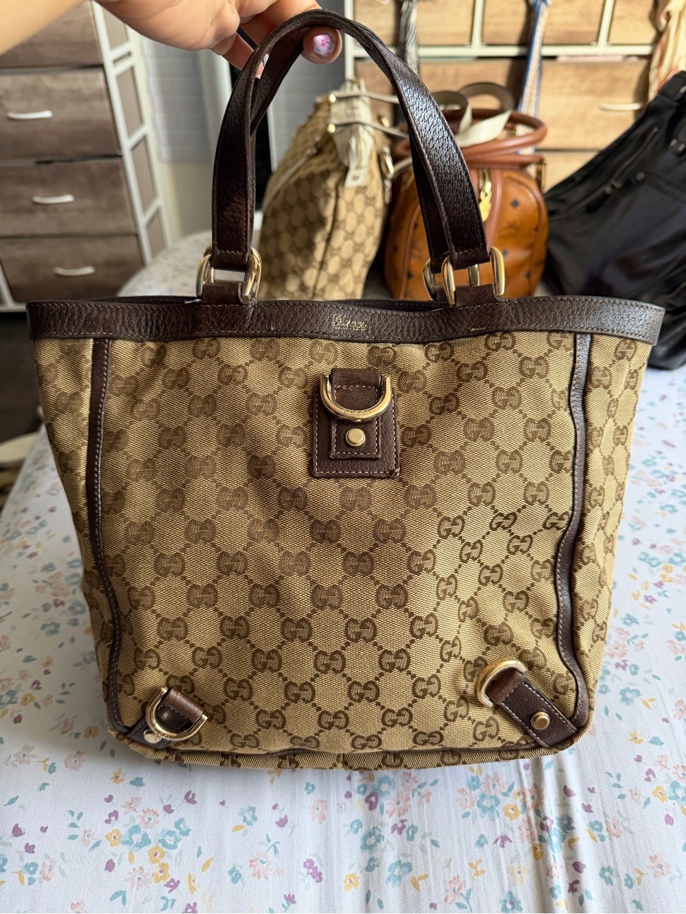 Gucci Beige/Brown GG Canvas Tote with Dark Brown Leather Trim